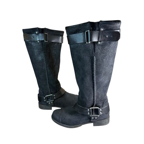 UGG Dree Black Leather Suede Harness Knee Boots Size 7 Round Toe Pull-On Moto - Picture 2 of 10
